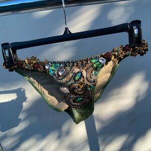 Ravish Sands Green Metallic & Turquoise Jewelled Cheeky Bikini Bottoms Size M